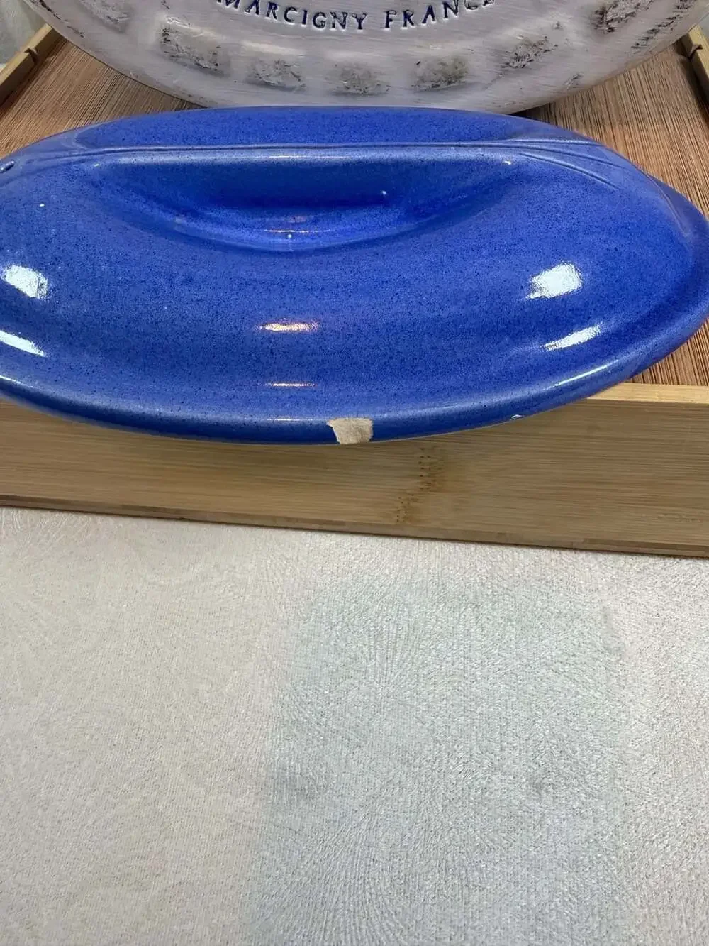 Vintage Emile Henry Marcigny France Blue Oval Covered Casserole Terrine Dish